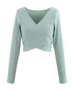 Crisscross Front Long Sleeves Ribbed Top in Mint