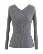 Seamless V-Neck Ribbed Knit Top in Grey