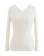 Seamless V-Neck Ribbed Knit Top in Cream