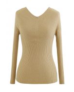 Seamless V-Neck Ribbed Knit Top in Camel