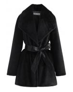 Faux Fur PU Leather Belted Coat in Black