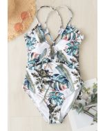 Lace-Up Back Tropical Palm Ruffle Swimsuit