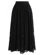 Divine Floral Lace Midi Skirt in Black