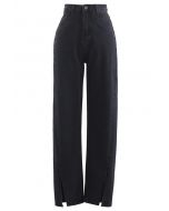 Slit Cuffs High Waist Soft Jeans in Black