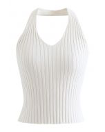 Halter Neck Crop Knit Top in White