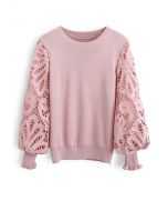 Baroque Crochet Sleeve Knit Top in Pink