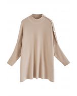 Side Buttoned Flap High Neck Knit Poncho in Camel