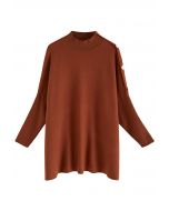 Side Buttoned Flap High Neck Knit Poncho in Caramel