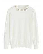 Pearl Trimmed Soft Knit Top in White