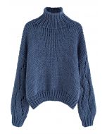 Pointelle Sleeve High Neck Hand-Knit Sweater in Dusty Blue