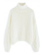 Pointelle Sleeve High Neck Hand-Knit Sweater in White