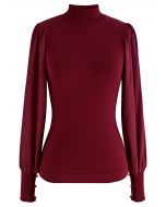 Mock Neck Satin Spliced Knit Top in Burgundy