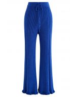 Ruffle Flare Hem Ribbed Knit Pants in Indigo