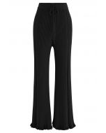 Ruffle Flare Hem Ribbed Knit Pants in Black