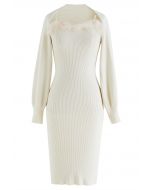 Feathered Ribbed Knit Twinset Dress in Cream