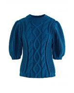 Bubble Sleeve Braided Ribbed Sweater in Indigo