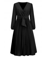 Wrap Front Buckle Belt Dress in Black