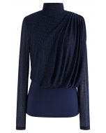 Gleam High Neck Spliced Ruched Top in Navy