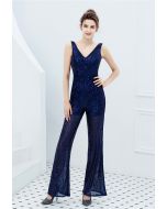 V-Neck Glitter Sequin Jumpsuit in Navy