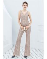 V-Neck Glitter Sequin Jumpsuit in Champagne