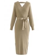 Batwing Sleeve Wrapped Midi Knit Dress in Camel