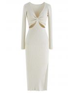 Front Cutout Split Hem Knit Dress in Ivory