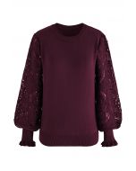 Floral Crochet Sleeve Knit Top in Burgundy