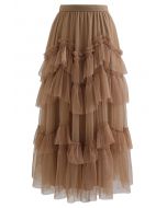 Exquisite Tiered Ruffle Mesh Tulle Skirt in Caramel