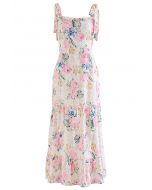 Pink Floral Embroidered Eyelet Tie-Strap Maxi Dress