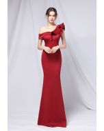 Ruffle One-Shoulder Mermaid Satin Gown in Burgundy