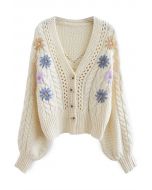 Stitched Flowers Braided Hand Knit Cardigan in Cream