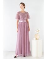 Sequined Vine Flutter Sleeve Mesh Gown in Dusty Pink