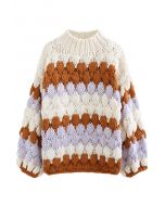 Color Blocked High Neck Hand-Knit Chunky Sweater in Cream