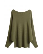 Boat Neck Batwing Sleeves Knit Top in Army Green