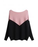 Two-Tone Boat Neck Batwing Sleeve Sweater in Pink