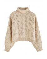 Turtleneck Braid Knit Crop Sweater in Camel