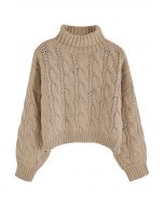 Turtleneck Braid Knit Crop Sweater in Brown