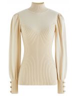 Rib Splicing Fitted Soft Knit Sweater in Cream