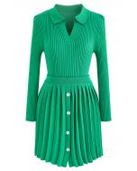 Collared V-Neck Knit Top and Pleated Skirt Set in Green