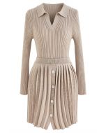 Collared V-Neck Knit Top and Pleated Skirt Set in Oatmeal