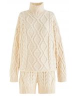 High Neck Braided Knit Sweater and Shorts Set in Cream