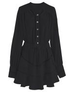 Hollow Out Tassel Shirt and Tiered Mini Skirt Set in Black