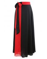 Tie-Waist Spliced Wrap Maxi Skirt in Red