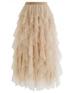 Dots Full Ruffled Tulle Skirt in Light Tan