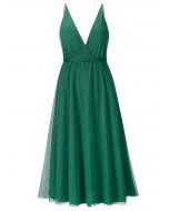 Crisscross Open Back Wrap Mesh Tulle Dress in Green