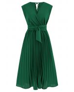 Sash Adorned Pleated Wrap Sleeveless Dress in Green