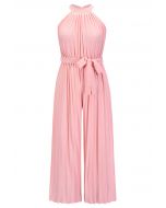 Halter Neck Self-Tie Pleated Jumpsuit in Pink