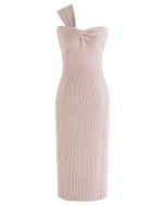 One-Shoulder Knotted Bodycon Knit Dress in Pink