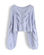 Hand-Knit Puff Sleeves Sweater in Blue