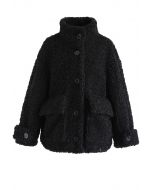 Buttoned Pocket Teddy Coat in Black